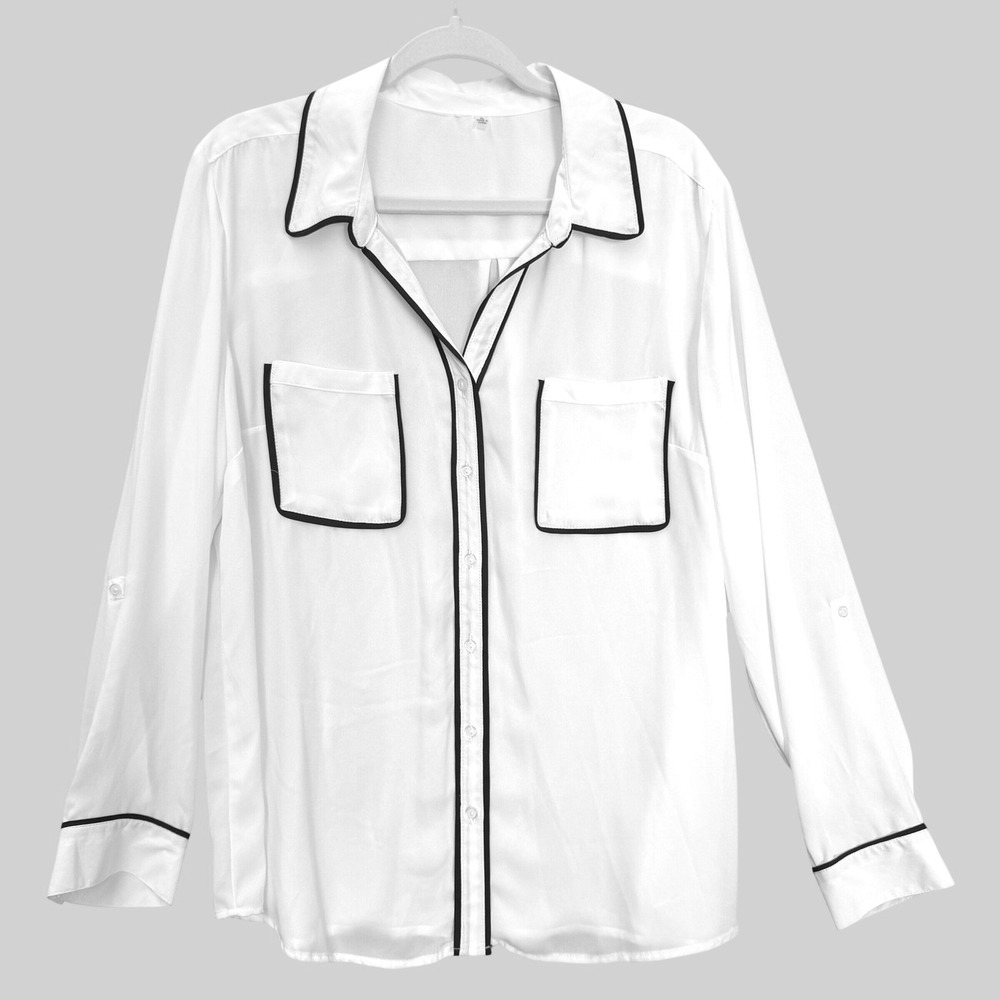 Express‎ Blouse Womens XL White w Black Piping, Button Down Roll Tab Sleeve